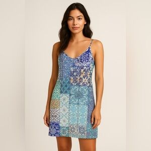 NWT Johnny Was Thera slip dress Blue and White Patchwork size M